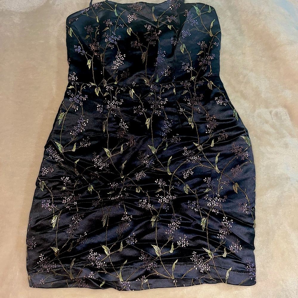 Floral Silk Black Spaghetti Strap Dress
